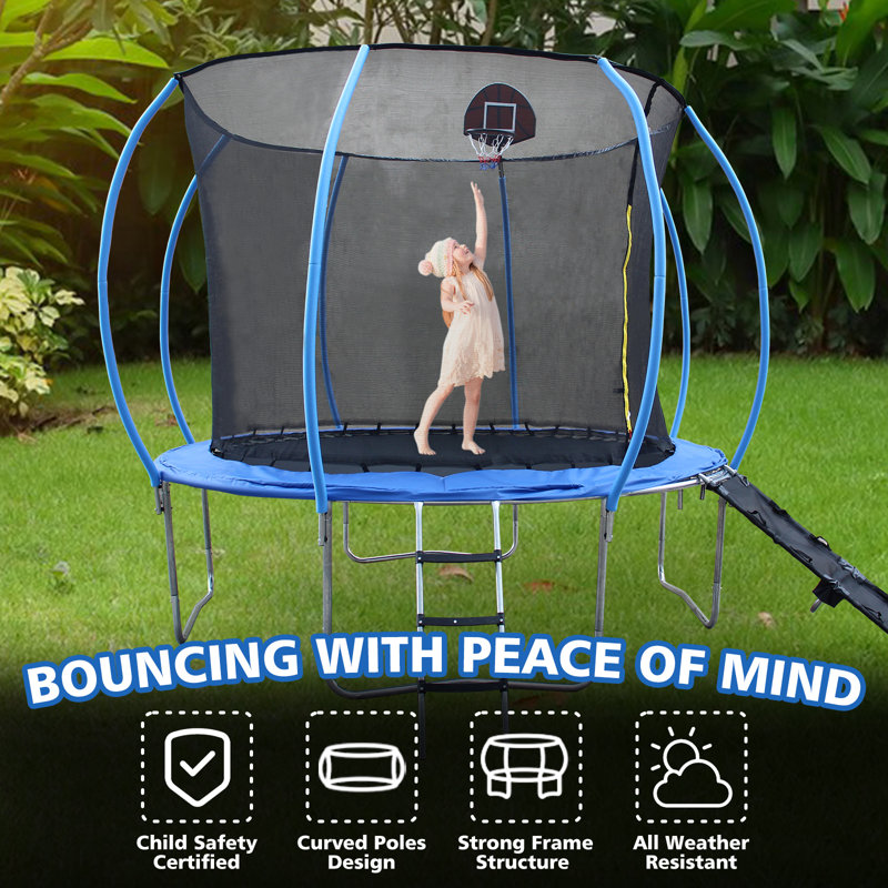 WANDINGT 8FT Trampoline With Enclosure Recreational Trampolines With Ladder And Anti Rust Coating Pumpkin Shaped Trampoline With Slide And Basket Board Wayfair